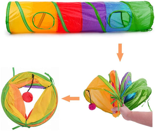 Colorful Cat Tunnel with Fun Ball – Foldable Indoor Tube Toy for Kittens | 2-Hole Play Tunnel for Hiding, Running & Exercise