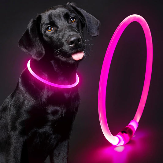 💡 Glow-in-the-Dark LED Dog Collar – Waterproof, USB Rechargeable, Cut-to-Fit TPU Light-Up Safety Collar for Night Walks (Pink)
