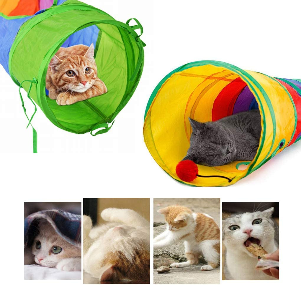Colorful Cat Tunnel with Fun Ball – Foldable Indoor Tube Toy for Kittens | 2-Hole Play Tunnel for Hiding, Running & Exercise