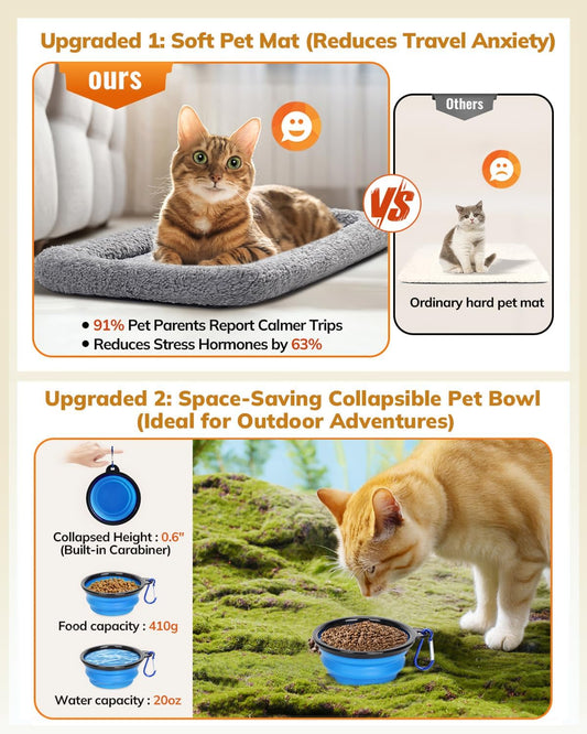 Airline-Approved Cat Carrier – Soft-Sided Travel Bag with Safety Zippers, Foldable Bowl & Thick Mat | For Medium Cats & Small Dogs
