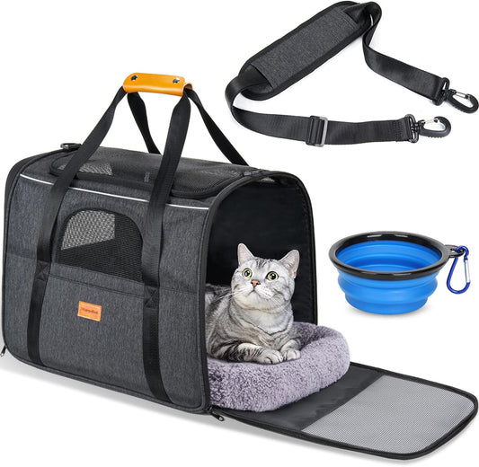 Airline-Approved Cat Carrier – Soft-Sided Travel Bag with Safety Zippers, Foldable Bowl & Thick Mat | For Medium Cats & Small Dogs