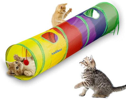 Colorful Cat Tunnel with Fun Ball – Foldable Indoor Tube Toy for Kittens | 2-Hole Play Tunnel for Hiding, Running & Exercise